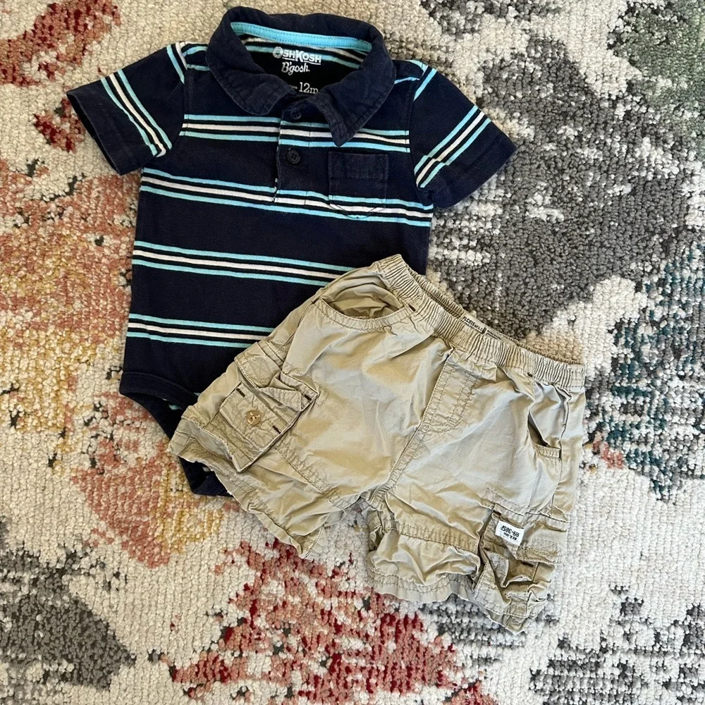 Y2K OshKosh Stripe Polo + Place Cargo Shorts Set 12 Months Baby Boy